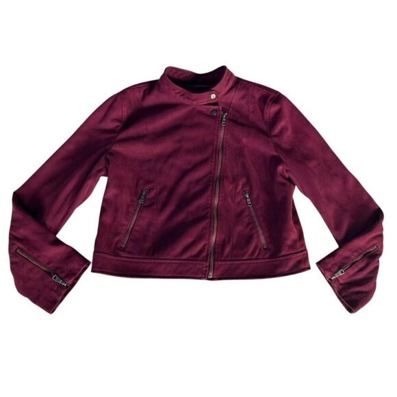 Banana Republic Fact. Womans Sz L Banded Collar Vegan Suede Moto Jacket Burgundy - Picture 11 of 11